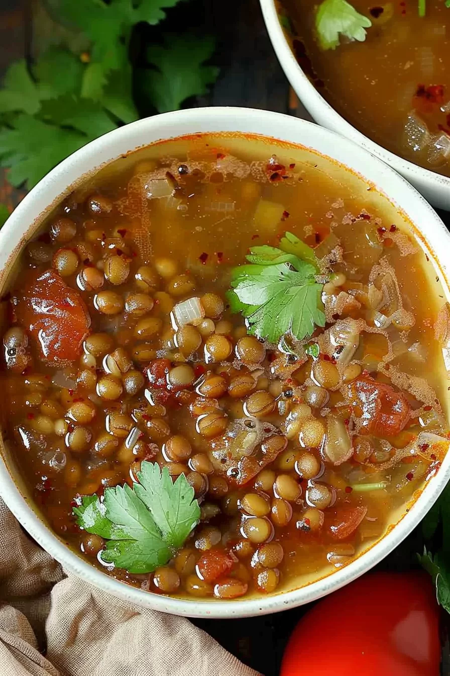 A rustic presentation of lentil soup in a white bowl with a sprig of parsley, placed on a wooden table with fresh parsley in the background.