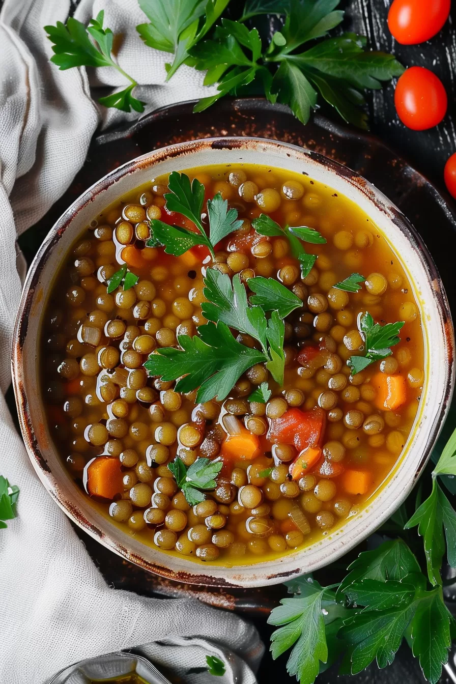 A hearty serving of lentil soup showcasing tender lentils, diced tomatoes, and a sprinkle of herbs.