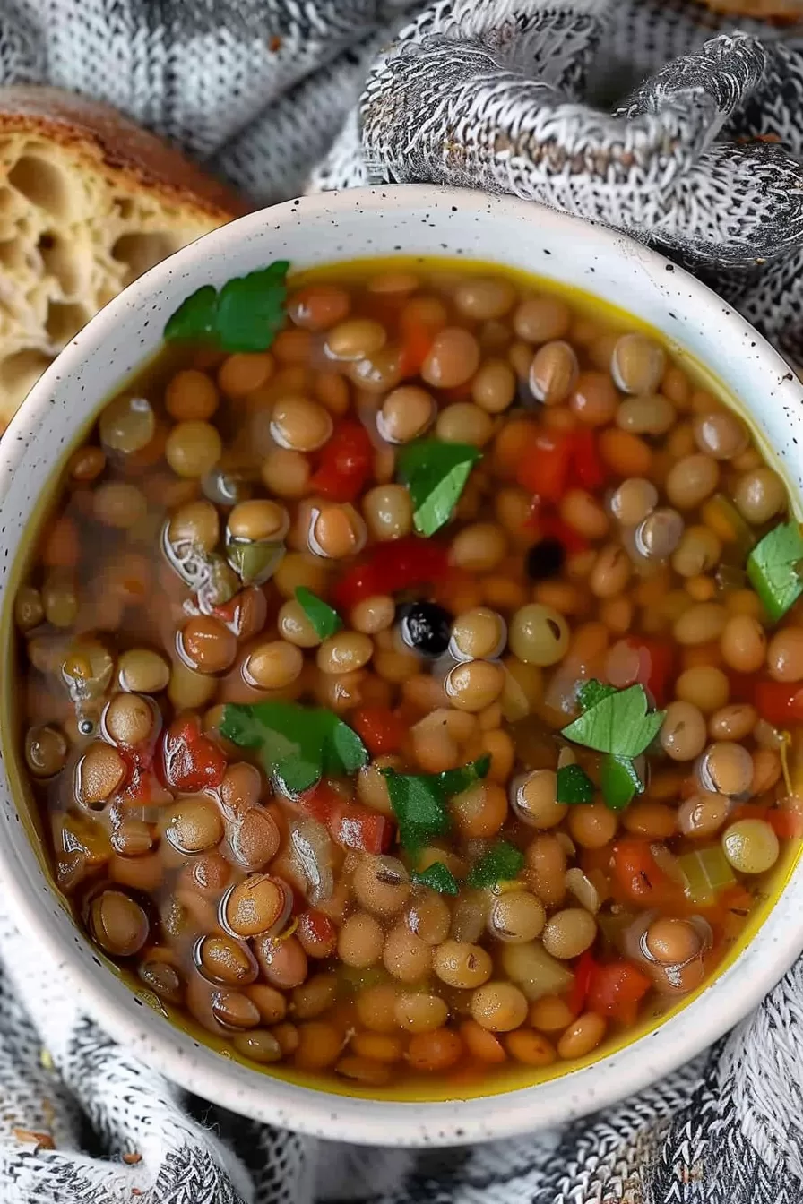 A beautifully styled shot of lentil soup paired with fresh bread, perfect for a comforting and nutritious meal.