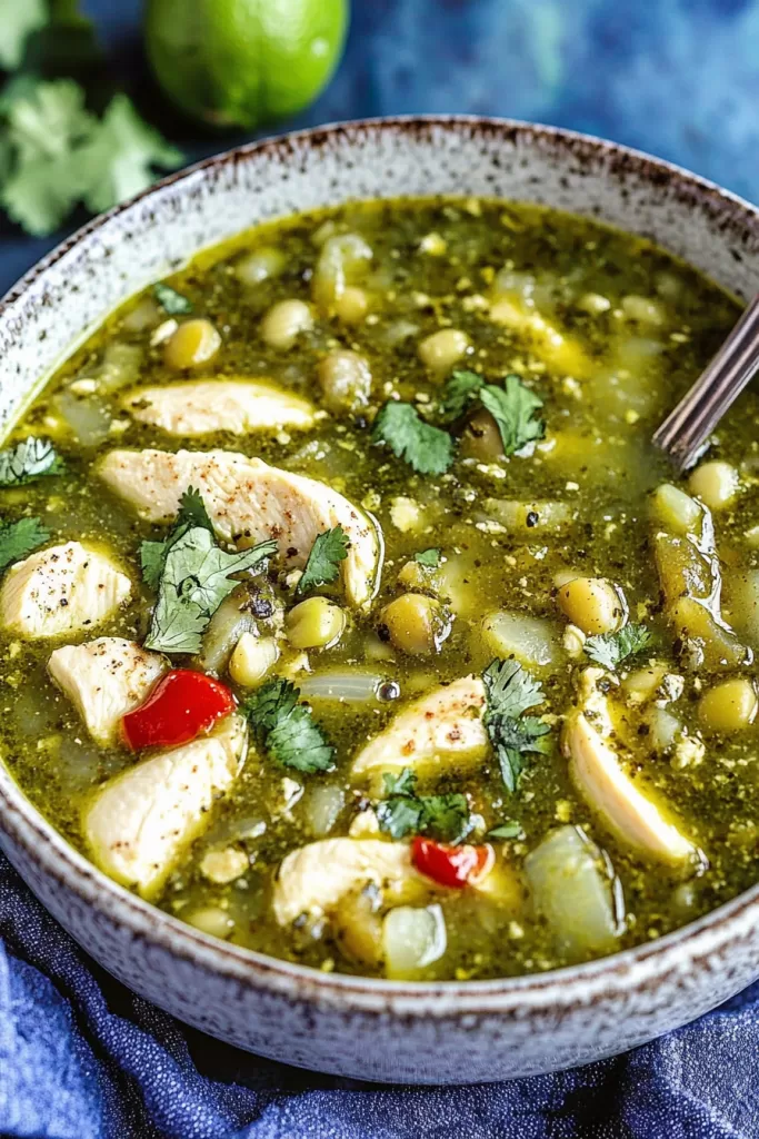 A rustic bowl of green chili topped with a fresh lime wedge and cilantro sprigs for a zesty, colorful presentation.