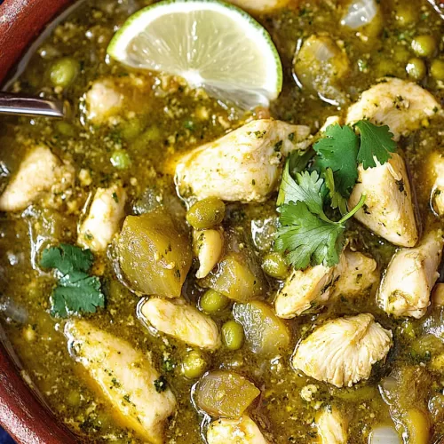 A close-up of a vibrant green chili with tender chicken pieces, garnished with fresh cilantro and bright red pepper slices.