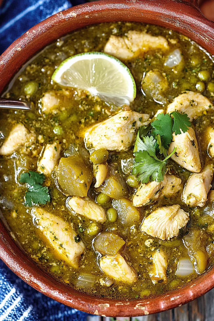 A close-up of a vibrant green chili with tender chicken pieces, garnished with fresh cilantro and bright red pepper slices.