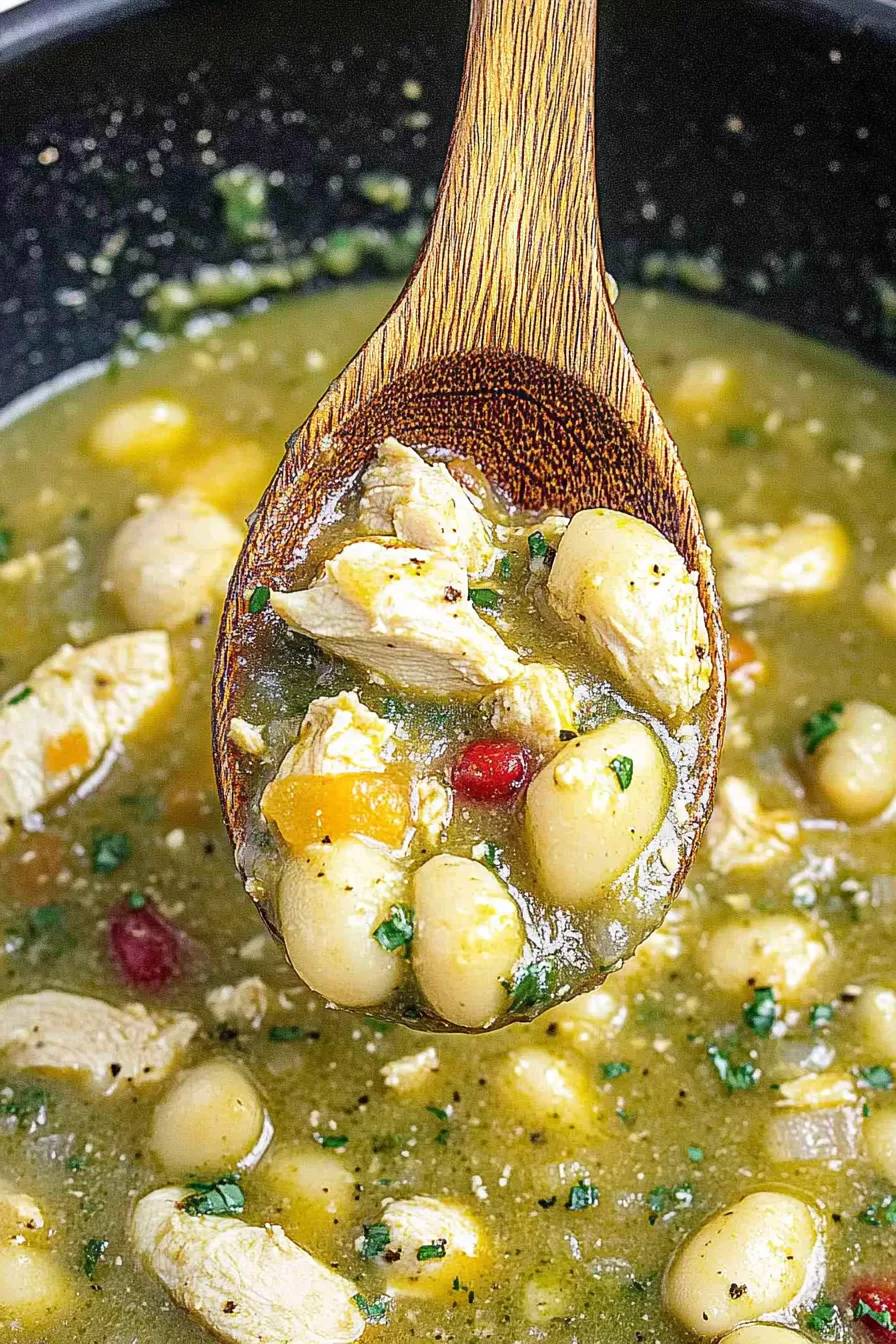 A wooden ladle lifting a hearty scoop of chili filled with white beans, chicken, and a mix of vegetables.