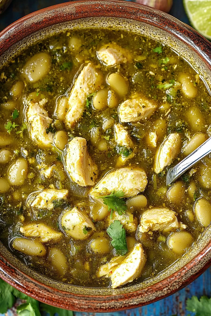 A cozy bowl of thick green chili, showcasing chunks of chicken, white beans, and a sprinkle of fresh herbs.