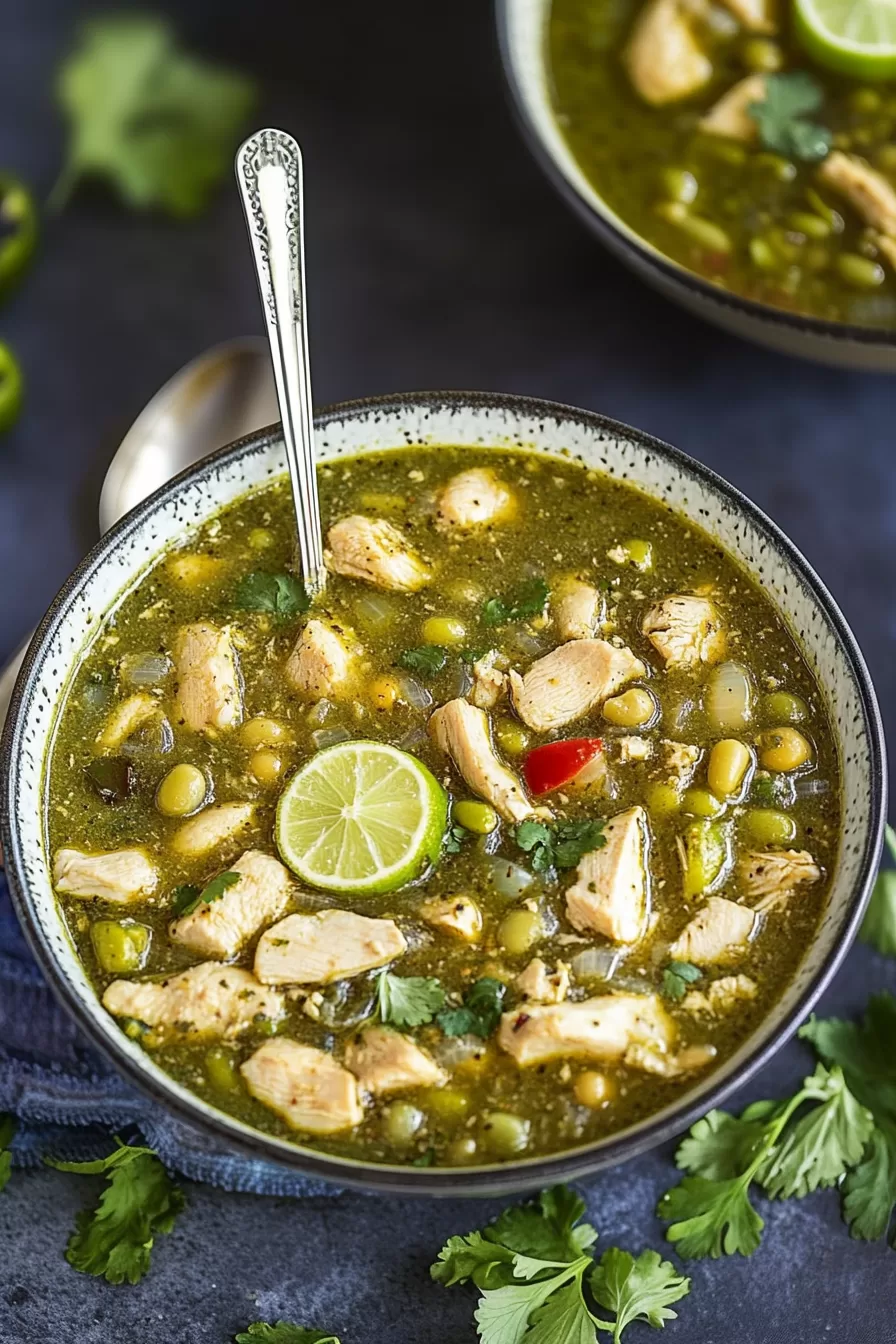 Two bowls of green chili garnished with lime slices and cilantro, surrounded by fresh herbs for a bright and inviting meal scene.