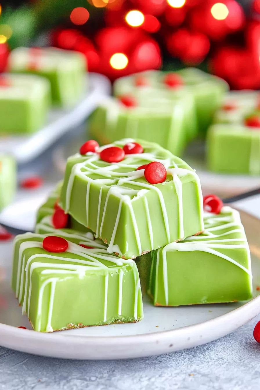 A festive close-up of bright green fudge squares drizzled with white icing and topped with red candy decorations, arranged on a white plate for the holidays.