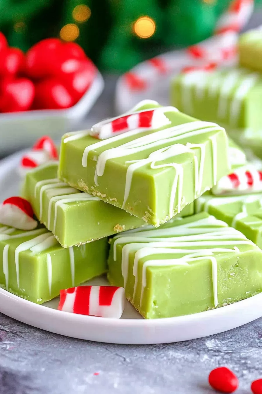 Green holiday fudge pieces stacked neatly, adorned with a glossy finish, white chocolate drizzle, and red heart candies for a festive touch.