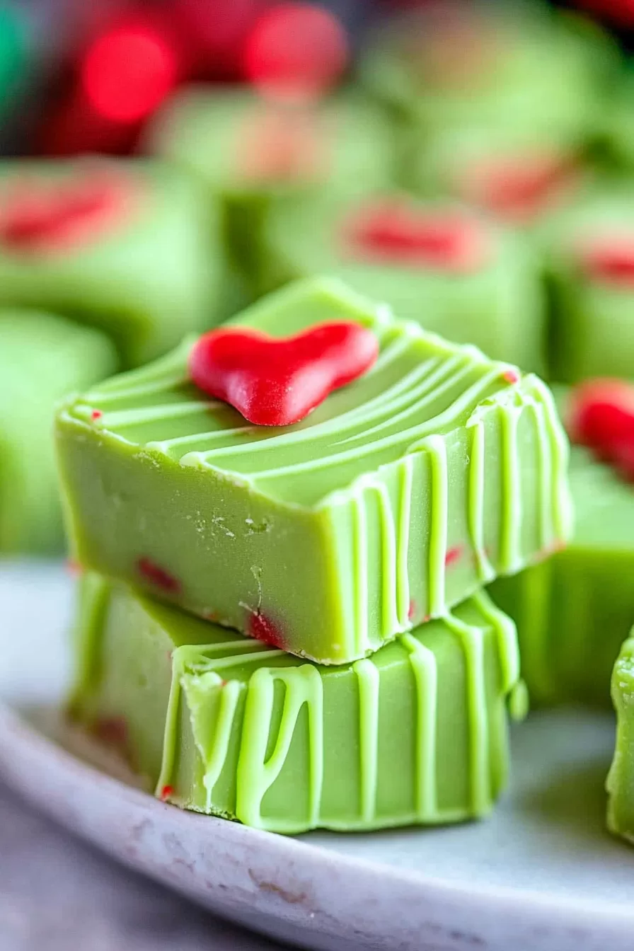 A stack of smooth green fudge pieces with red candy hearts on top, sitting on a festive background with holiday decor.