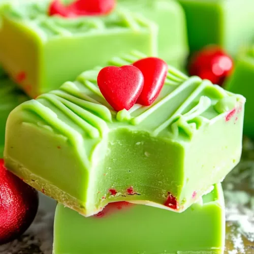 Close-up of green fudge squares with a bite taken out, showcasing a creamy texture and playful red and white candy accents.