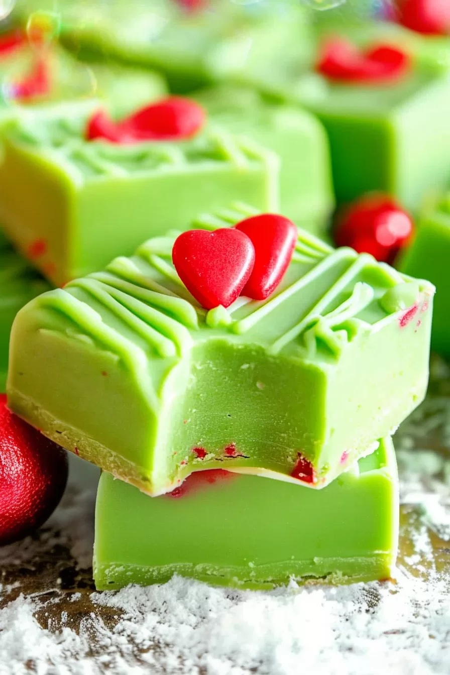 Close-up of green fudge squares with a bite taken out, showcasing a creamy texture and playful red and white candy accents.