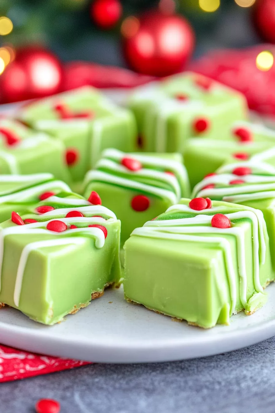 Vibrant green fudge squares styled with white chocolate ribbons and sprinkled with small red candy pieces, ready for holiday celebrations.