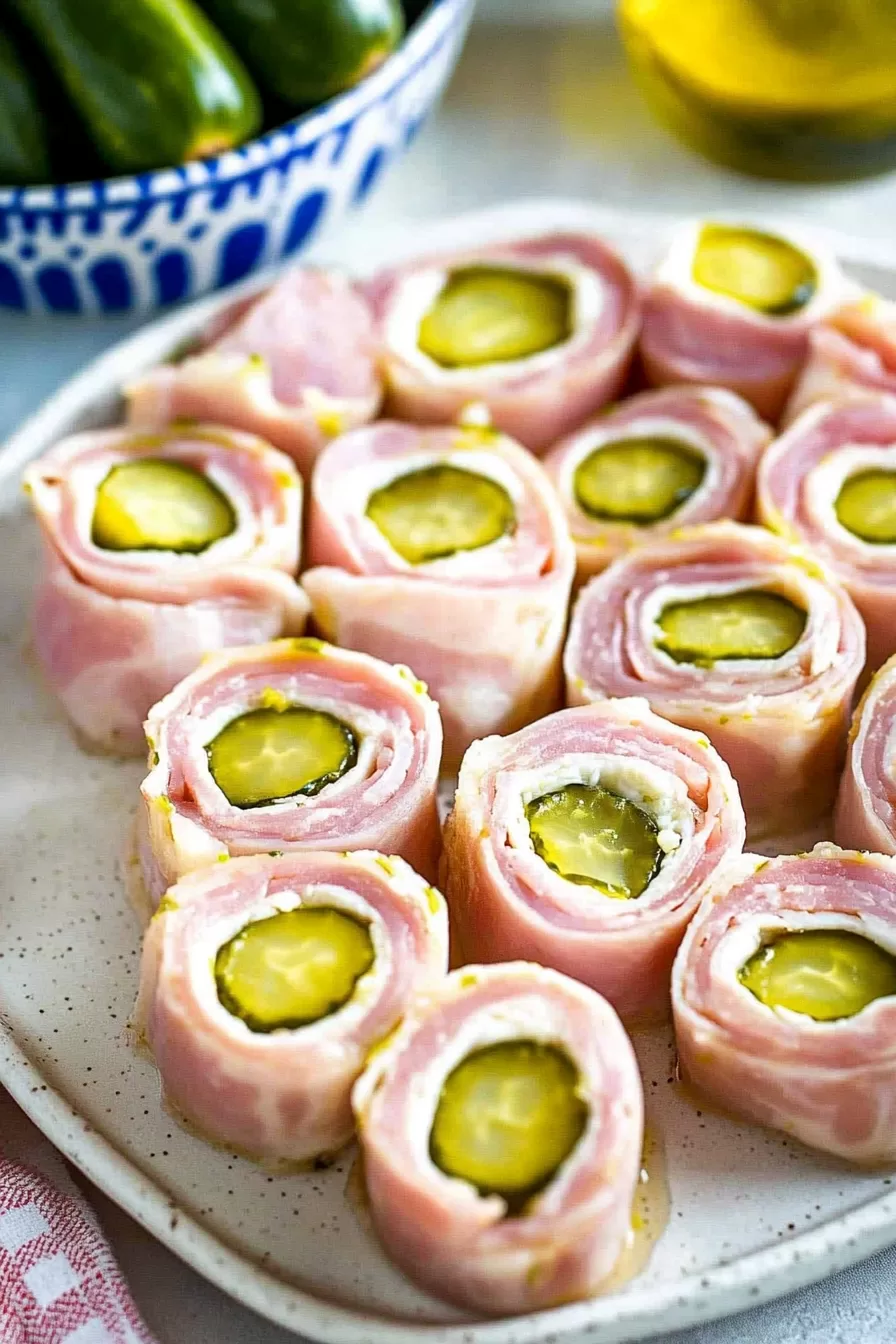 A platter of ham pickle roll-ups showcasing vibrant layers of ham, cream cheese, and pickle slices.