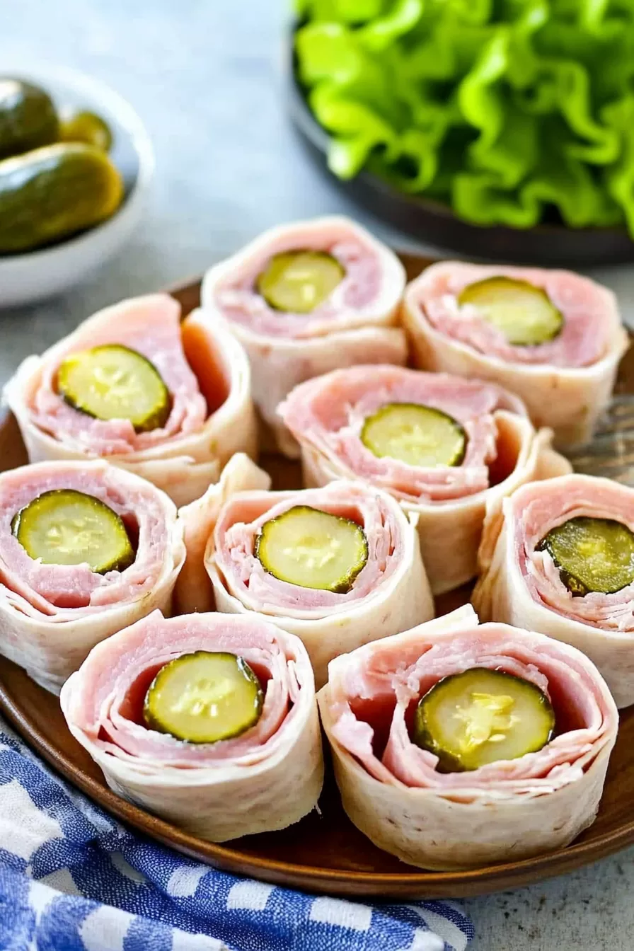 Close-up view of delicious ham pickle roll-ups neatly arranged on a serving plate, perfect for appetizers.