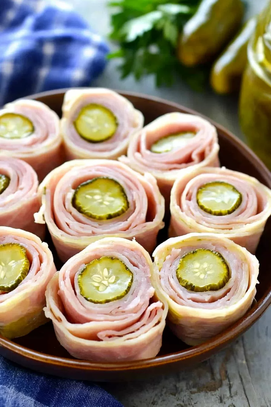 Top view of freshly made ham pickle roll-ups with pickles wrapped in ham and cream cheese, ready to serve.