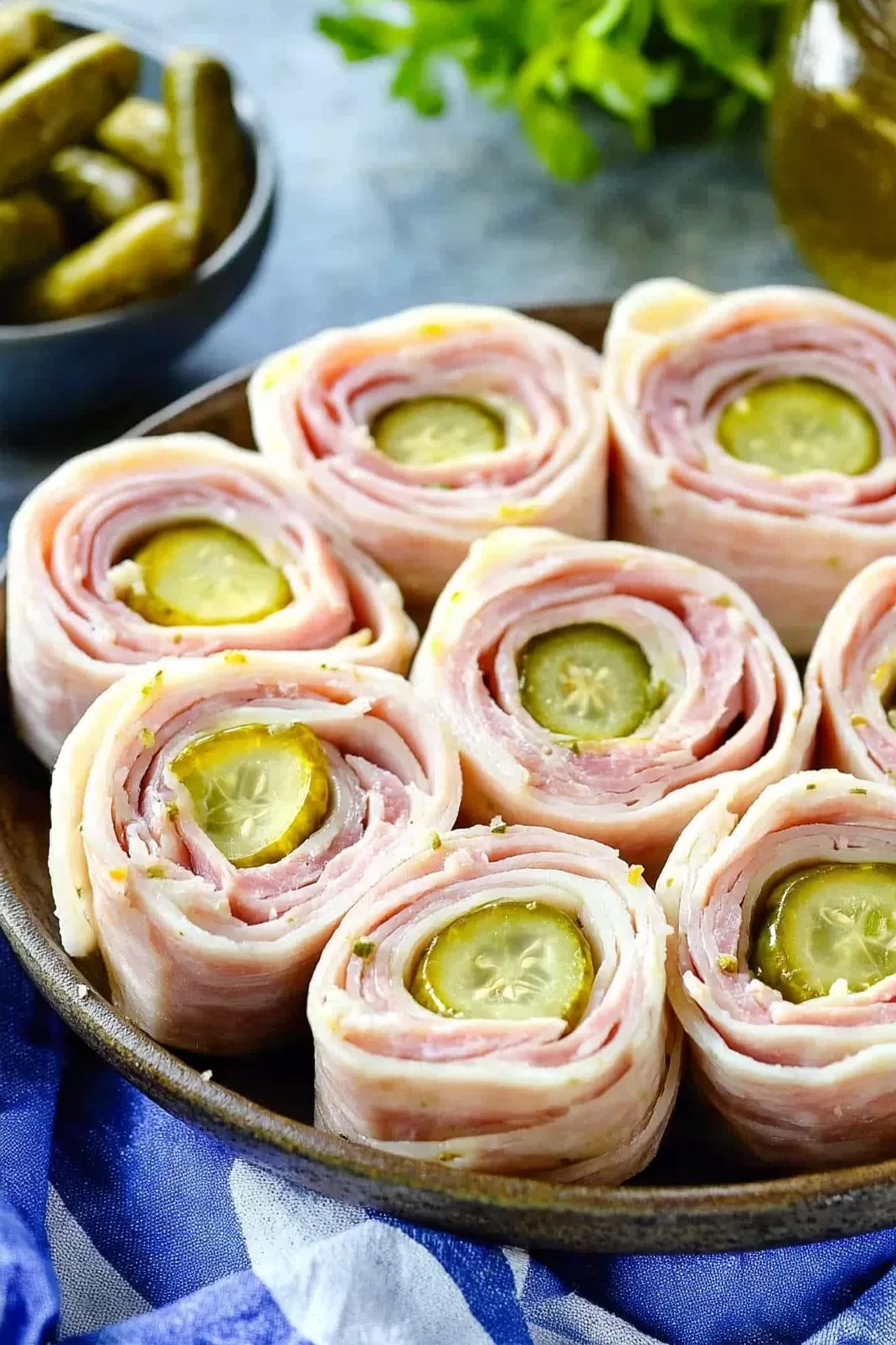 A delightful arrangement of ham pickle roll-ups on a rustic plate, featuring their colorful layers and savory appeal.