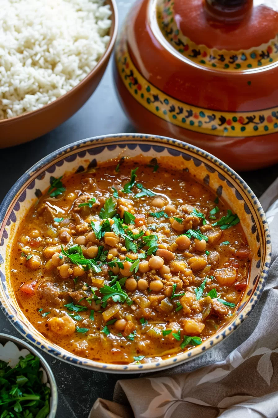 A final shot of a bowl filled with flavorful Harira soup, garnished with fresh parsley and served alongside fluffy white rice.