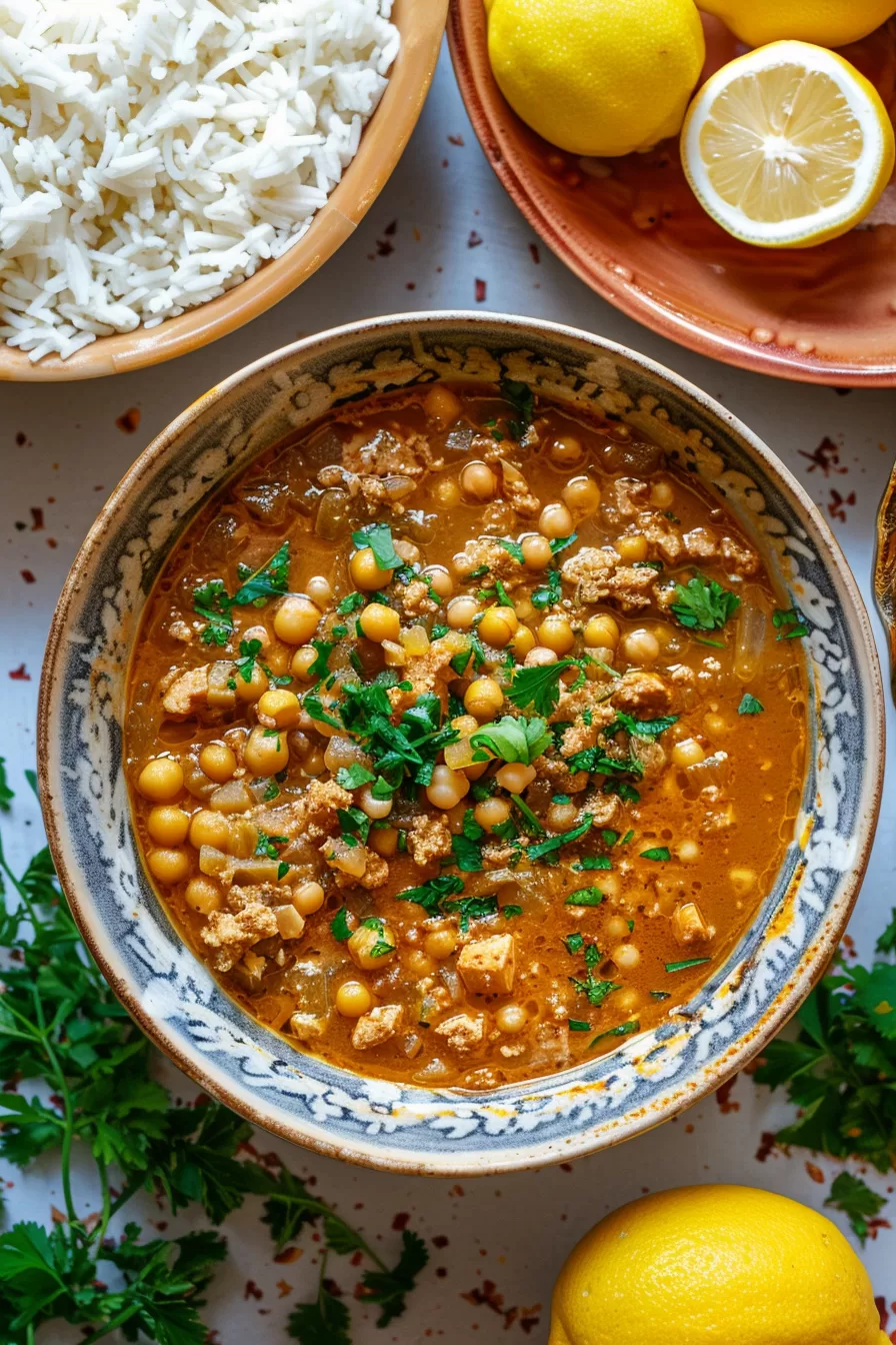 A beautifully styled photo of Harira soup with tender chickpeas and aromatic spices, accompanied by lemon slices and fresh herbs for a pop of freshness.