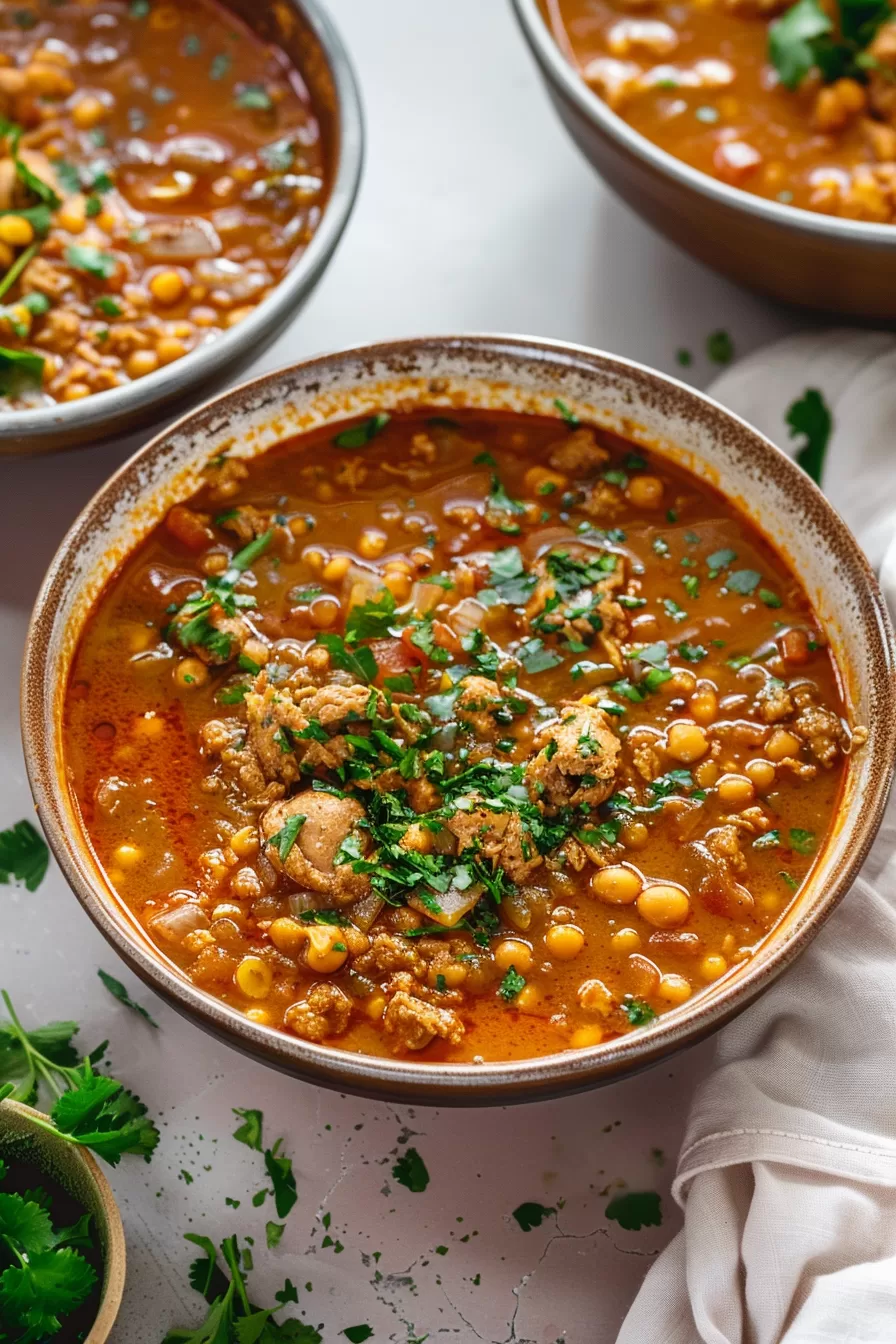 A close-up of a steaming bowl of Harira soup, highlighting its vibrant tomato base, chickpeas, and freshly chopped parsley.