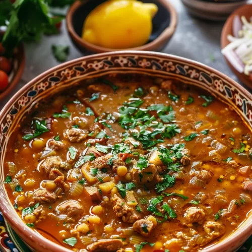 A final plated shot showcasing a bowl of Harira soup with a rustic, traditional look, paired with rice and surrounded by Moroccan-inspired dishware.