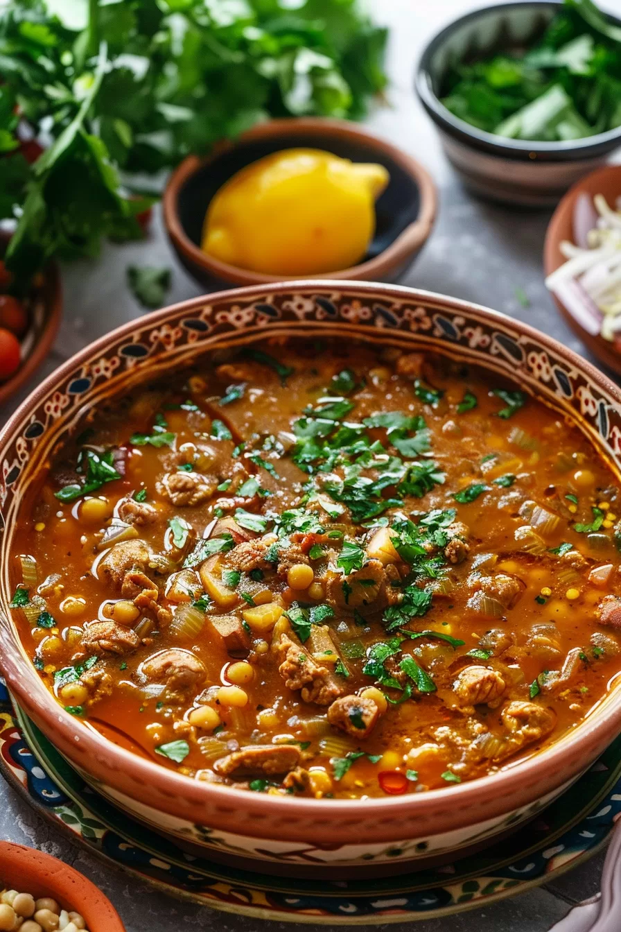 A final plated shot showcasing a bowl of Harira soup with a rustic, traditional look, paired with rice and surrounded by Moroccan-inspired dishware.