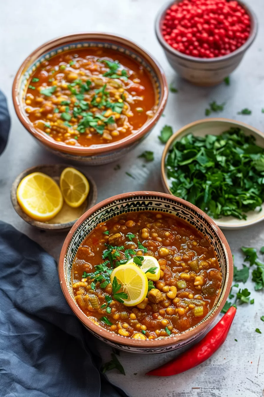 A cozy final photo of Harira soup served in a decorative bowl, exuding warm tones and topped with fresh herbs, ready to be enjoyed.