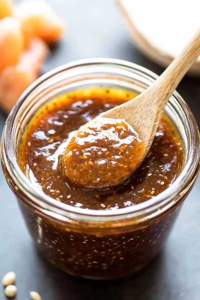 A spoonful of richly textured homemade sauce in a glass jar, perfect for dipping or dressing.