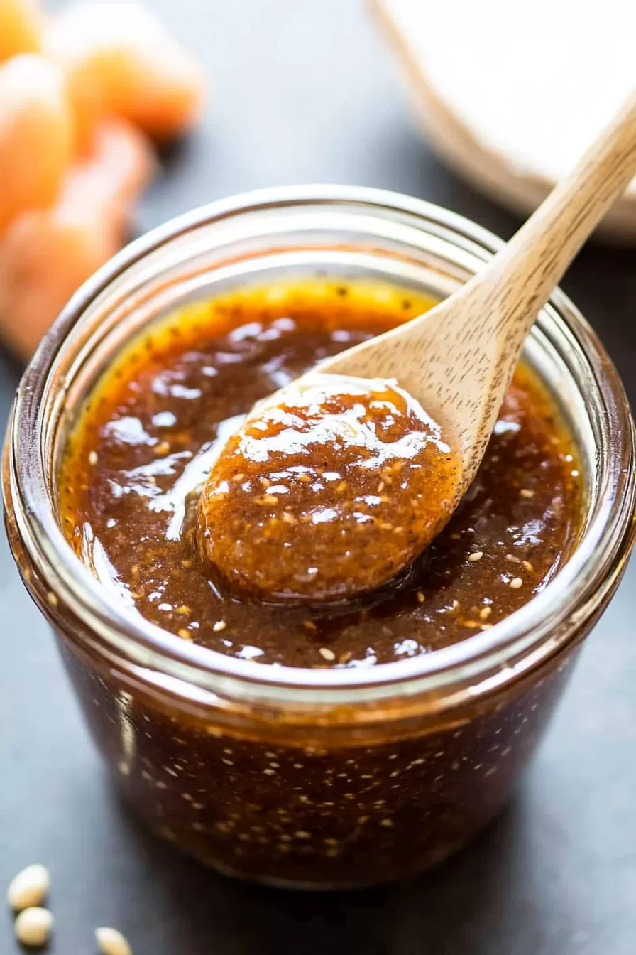 A spoonful of richly textured homemade sauce in a glass jar, perfect for dipping or dressing.