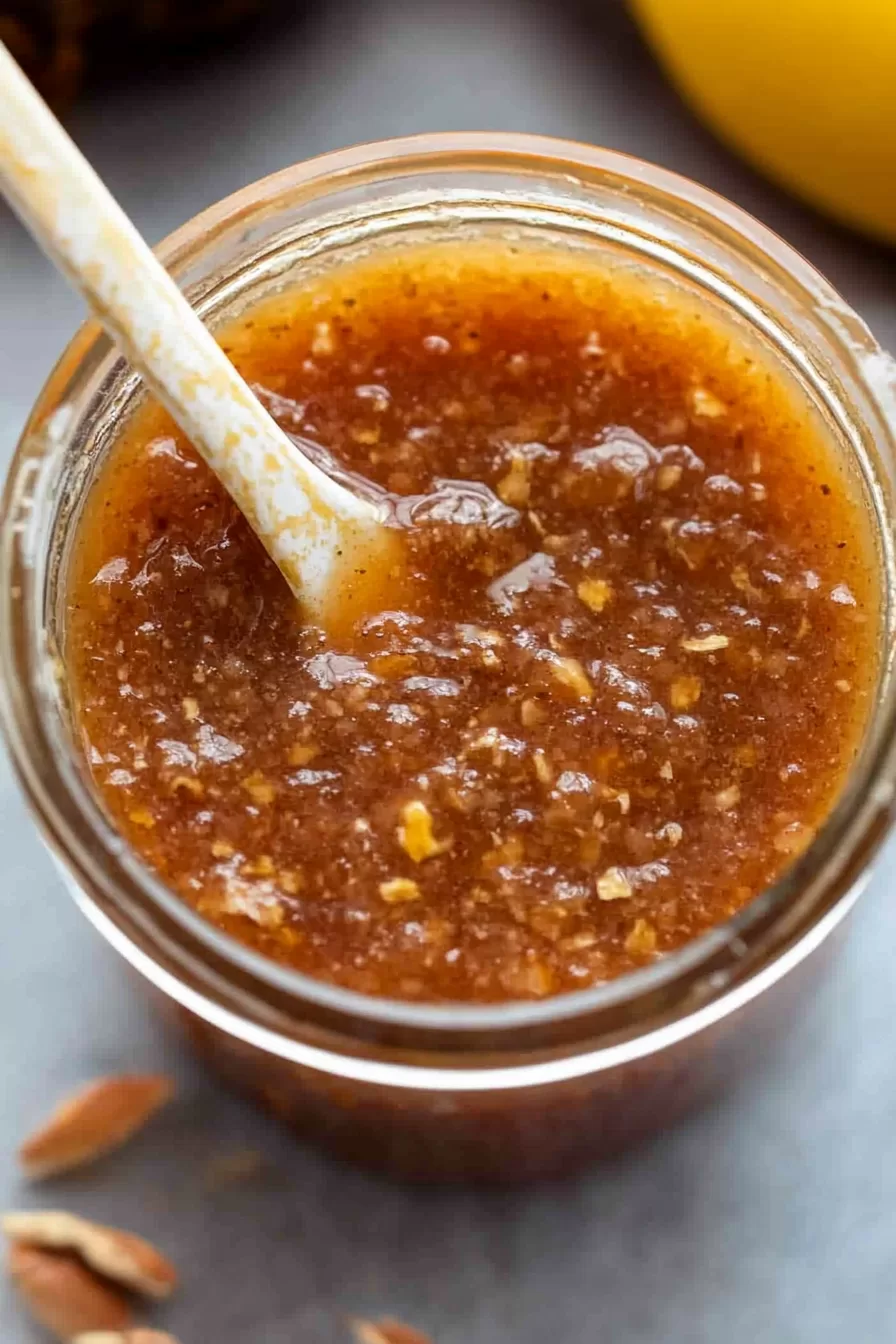 Close-up of a glossy and flavorful dipping sauce, ideal for complementing savory dishes.