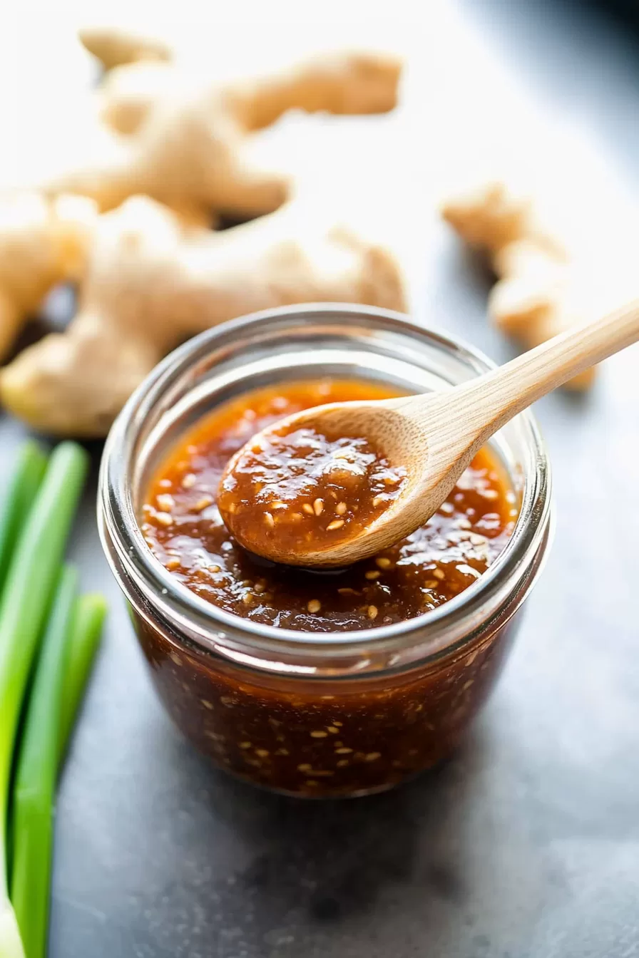 A creamy and zesty condiment captured with fresh ginger pieces in the background.