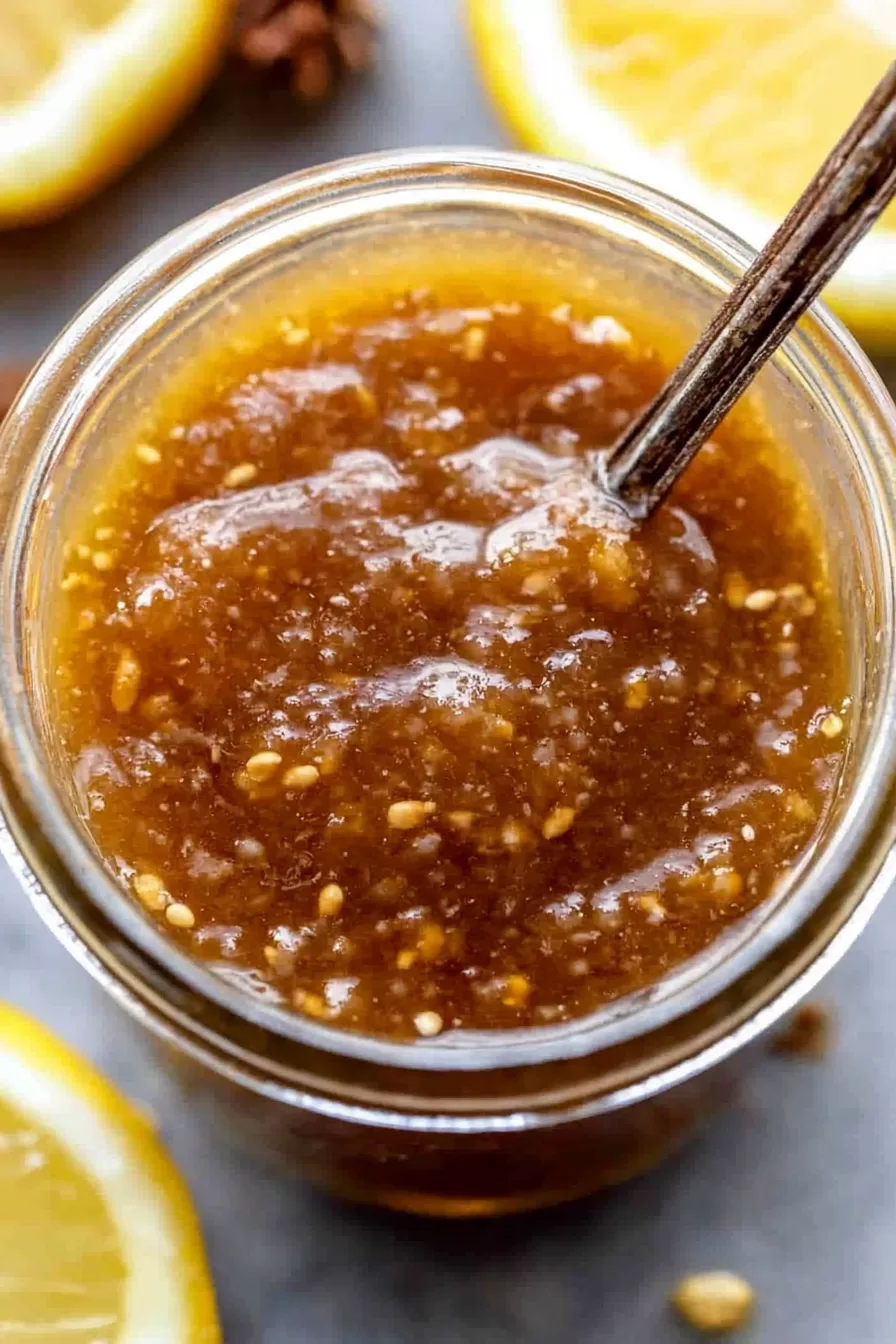 Golden-brown dipping sauce in a jar, highlighted by natural lighting and garnished for presentation.