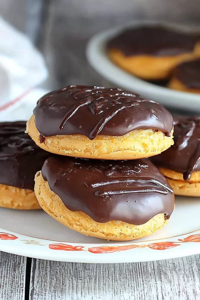 Close-up of chocolate-glazed cookies stacked on a plate, showcasing their rich, shiny coating.