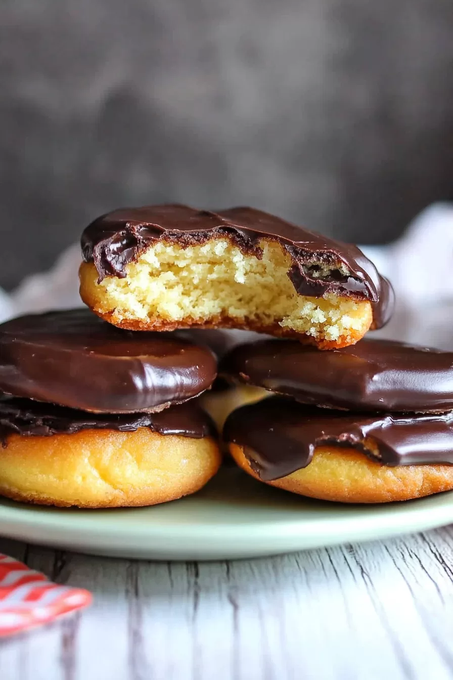 A bite taken out of a cookie reveals the soft, fluffy texture beneath the glossy chocolate topping.