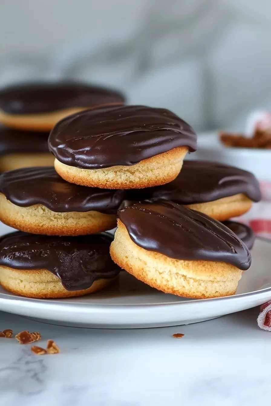 An arrangement of cookies on a plate, each with a smooth and decadent chocolate top.