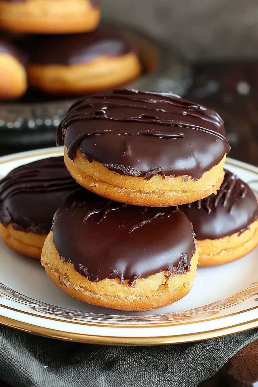 Homemade cookies with a golden base and glossy chocolate glaze, ready to enjoy.