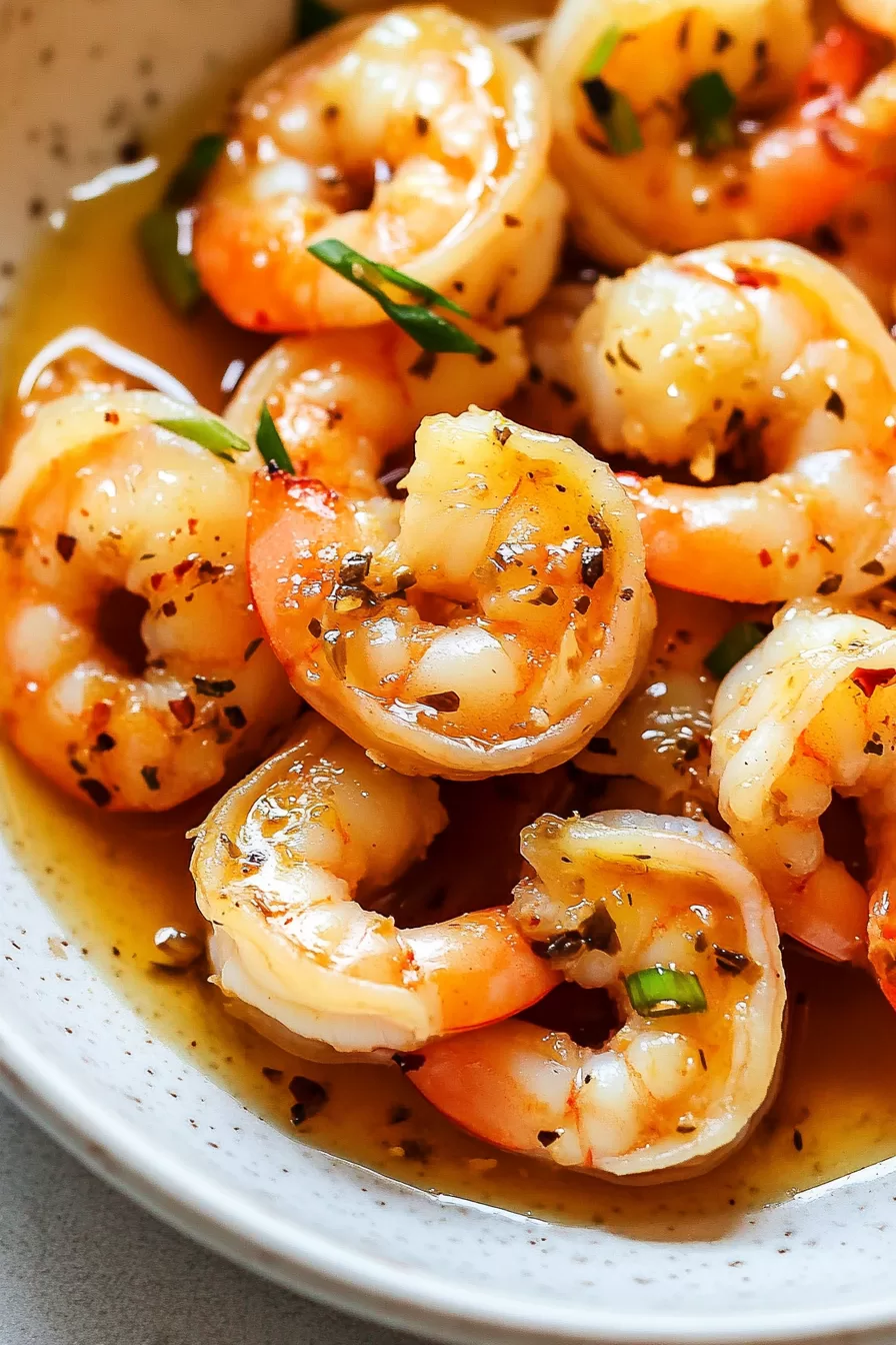 Close-up of plump shrimp glistening in a honey garlic glaze with a sprinkle of green onion for garnish.