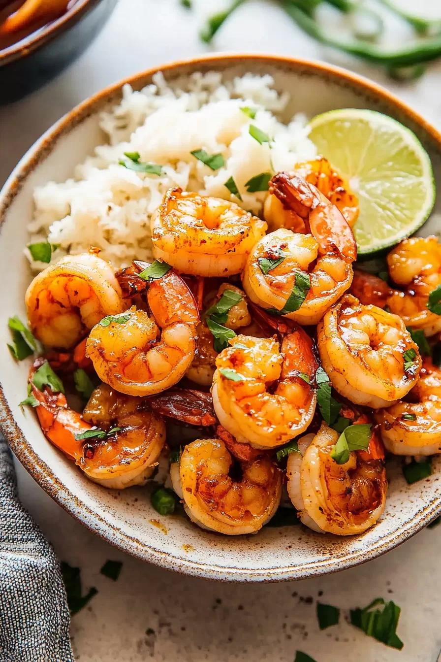 Honey garlic shrimp displayed in a blue bowl, paired with steamed rice and garnished with chopped scallions