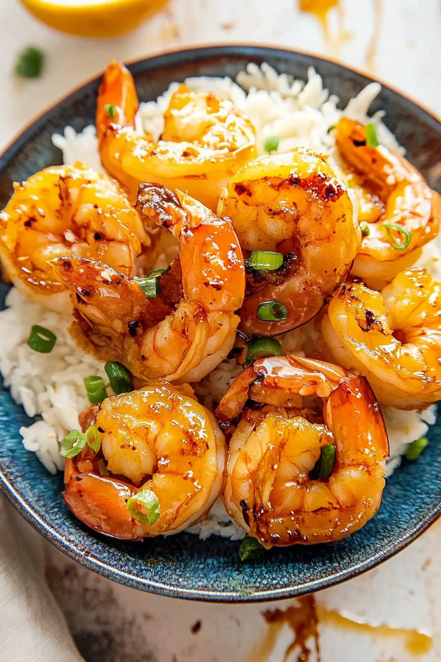 A bowl of honey garlic shrimp served over fluffy white rice with a wedge of lime on the side.