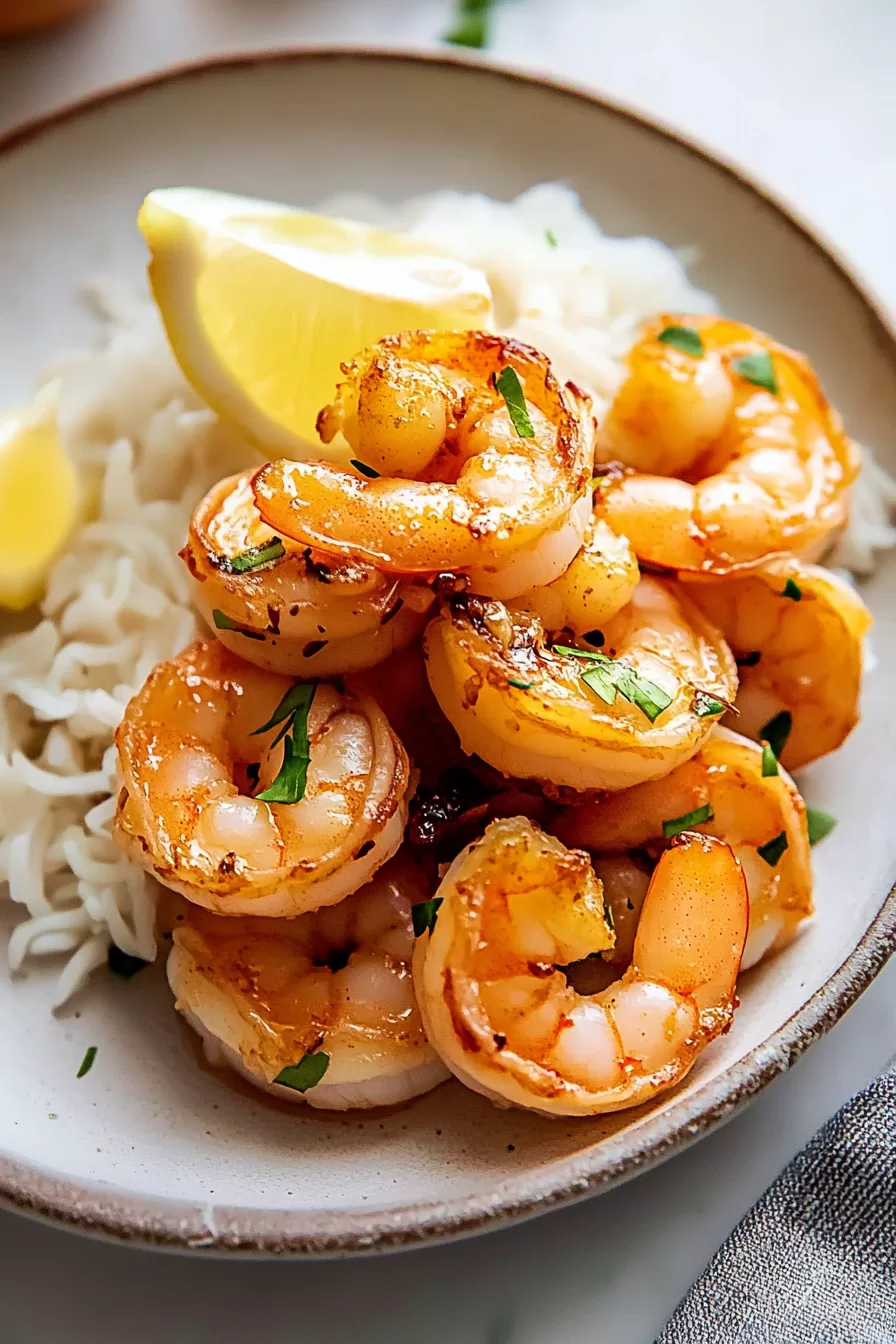 Golden shrimp coated in honey garlic sauce, plated with rice and a fresh lemon wedge.