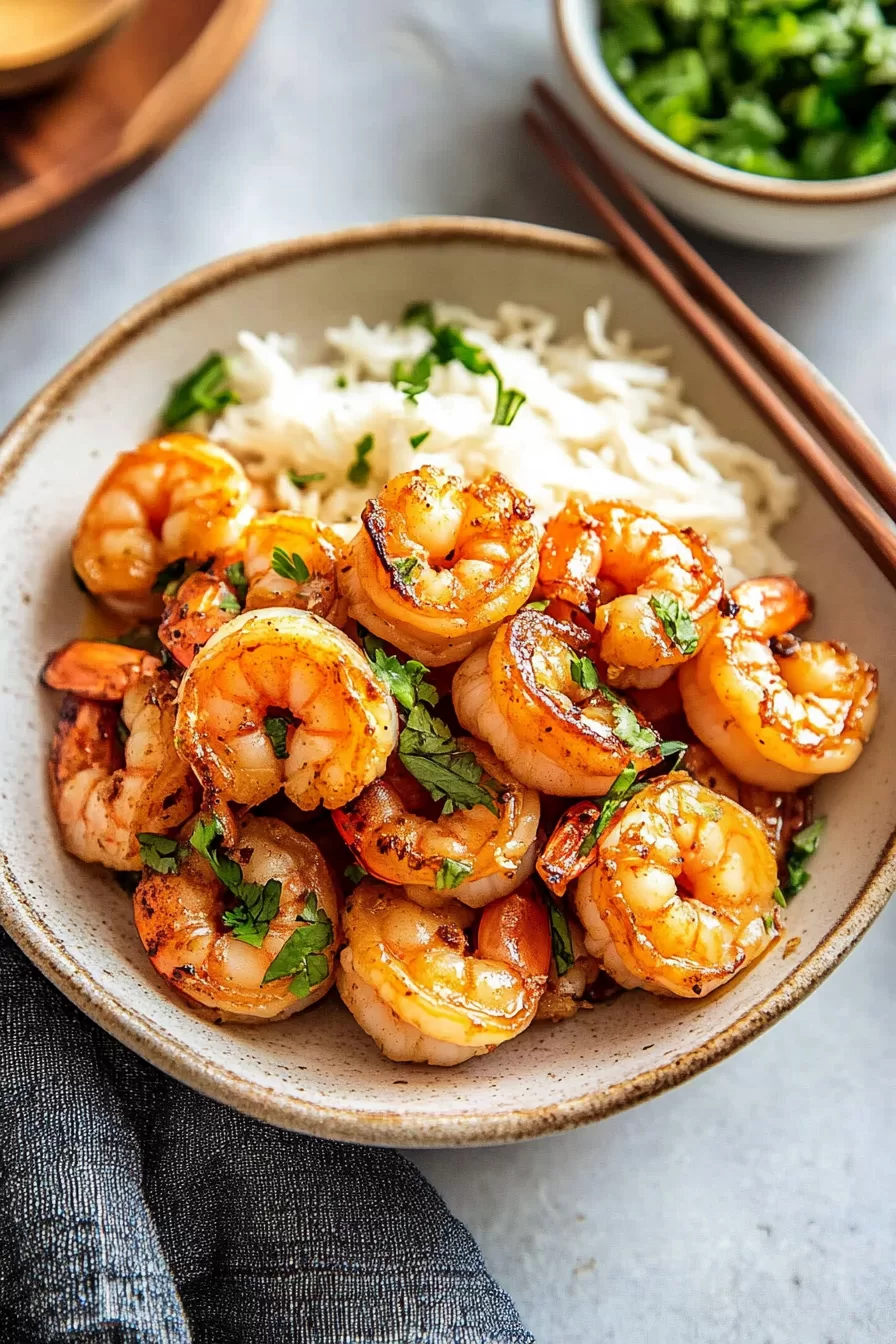 A serving of honey garlic shrimp on a rustic plate, topped with fresh parsley and accompanied by white rice.