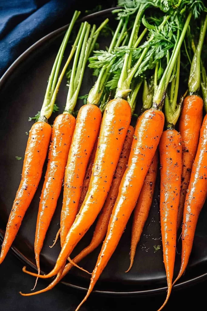 Freshly roasted whole carrots with a shiny honey glaze, garnished with herbs on a black plate.