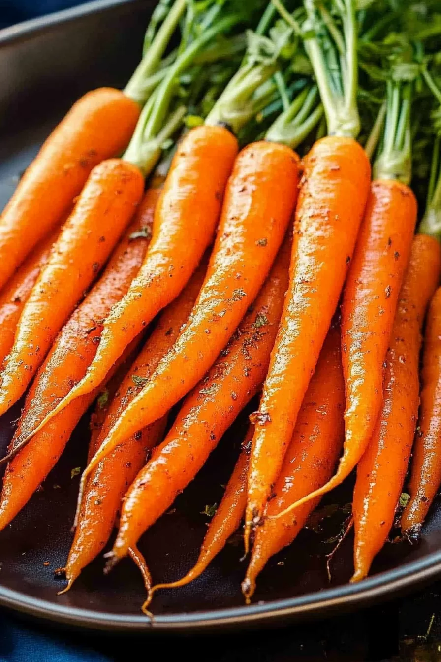 Close-up of tender, glistening honey-roasted carrots, showcasing vibrant orange hues.