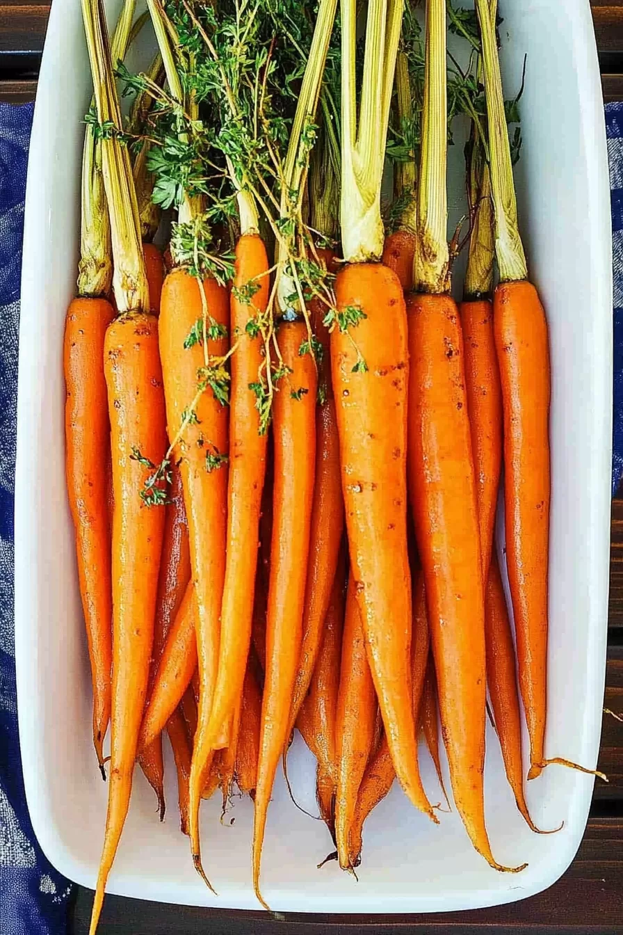 A serving dish filled with golden honey-glazed carrots, topped with fresh thyme sprigs.