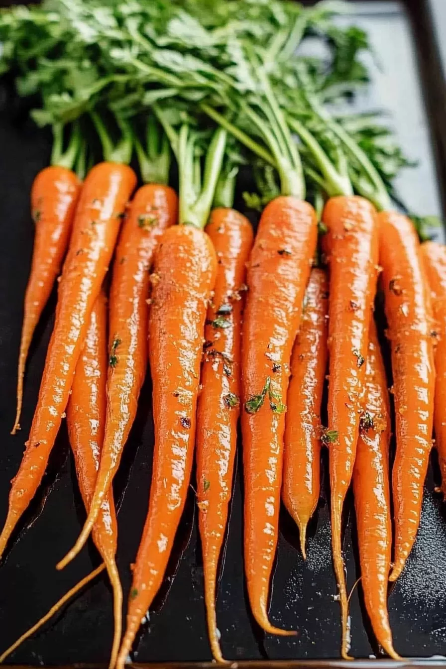 Carrots arranged on a baking sheet, caramelized from roasting with a drizzle of honey.