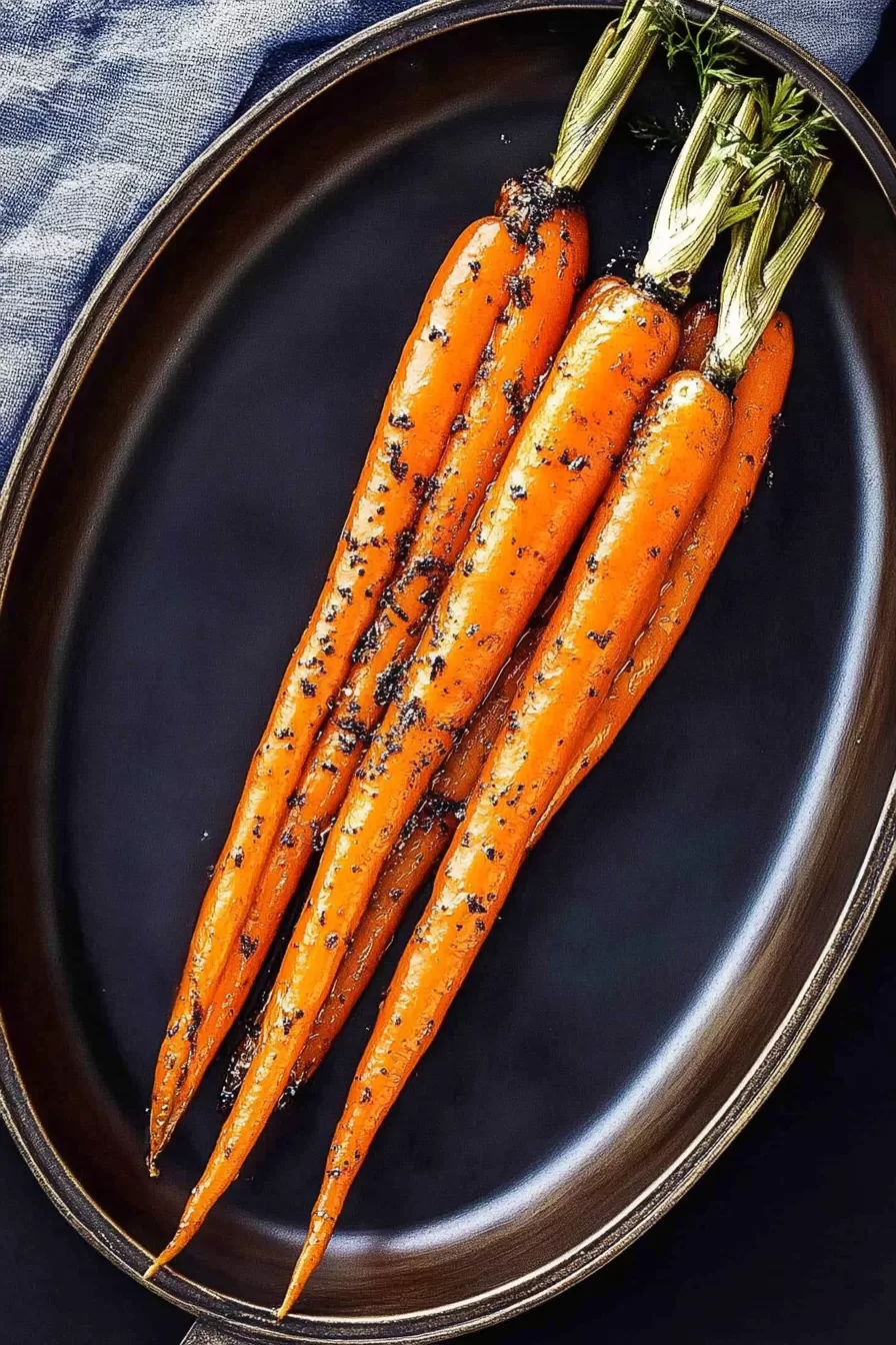 A beautiful presentation of honey-roasted carrots, perfectly glazed and garnished with herbs.