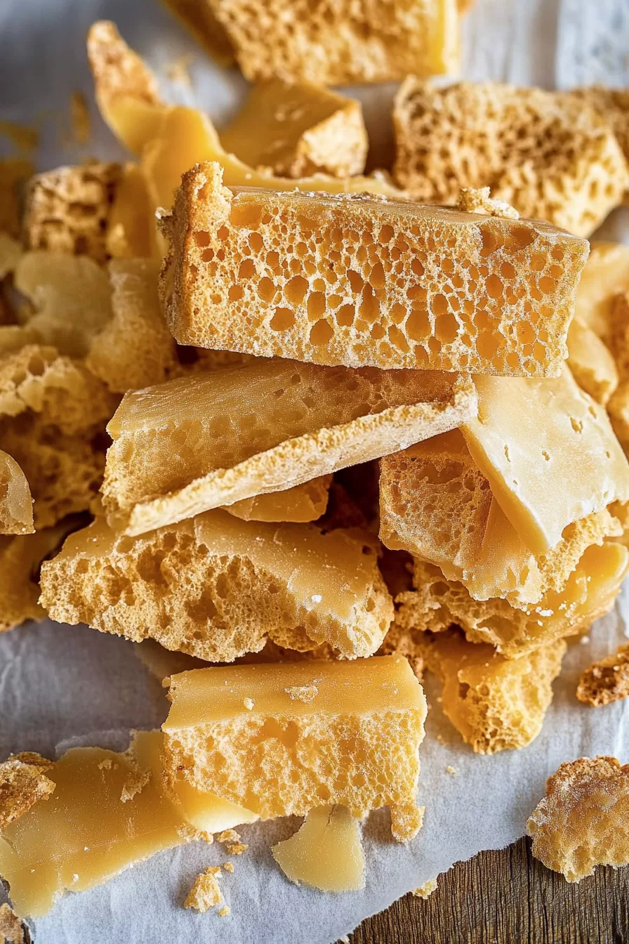 A stack of honeycomb candy chunks showcasing their delicate, porous structure.