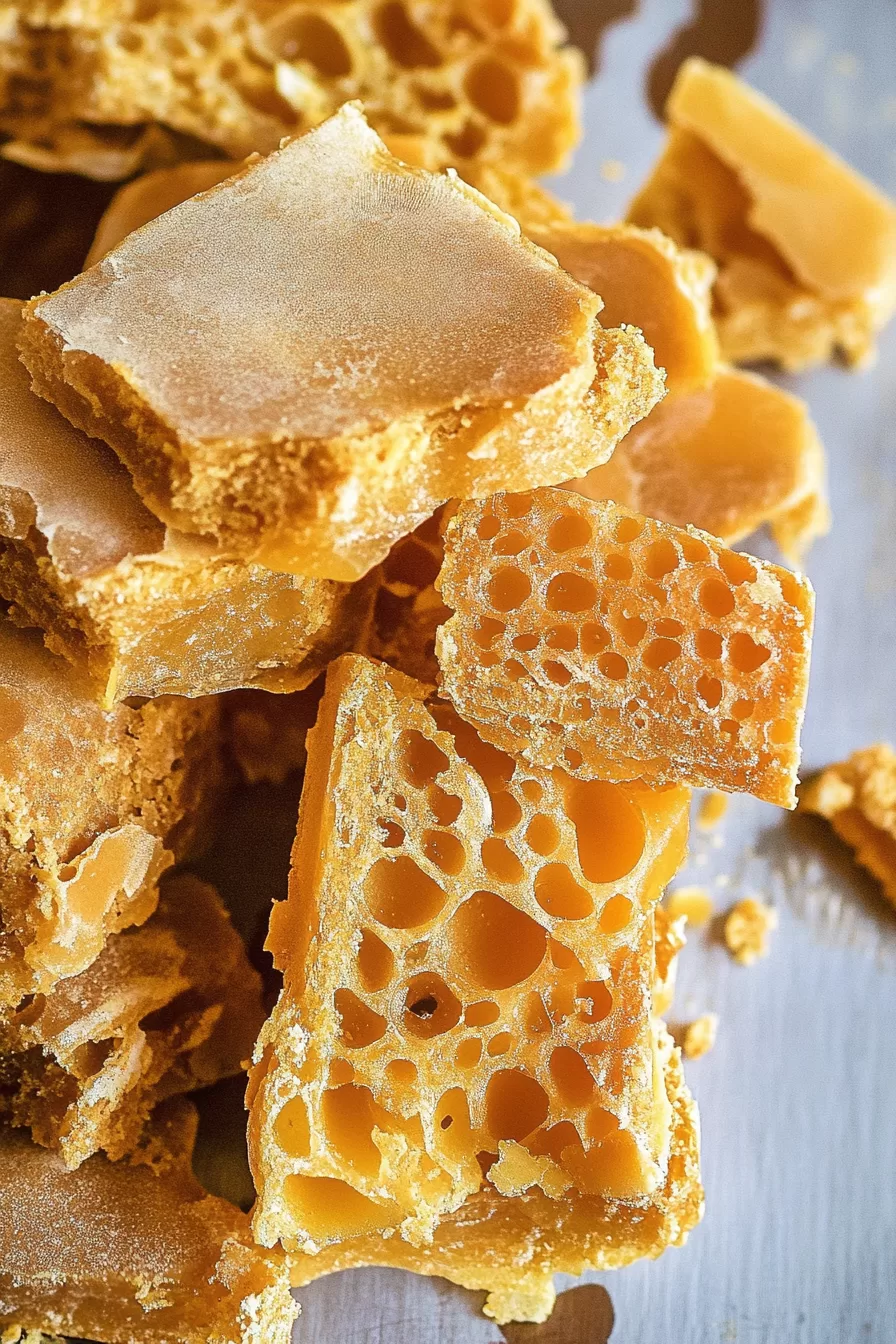 Close-up view of golden honeycomb candy pieces with their airy, crispy texture.