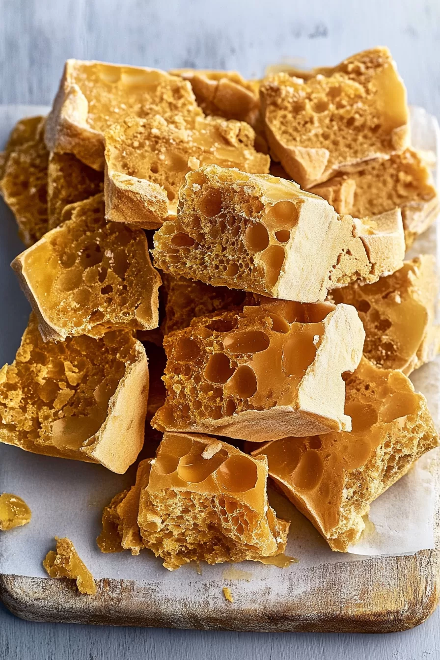 Freshly broken honeycomb candy with crisp edges and a light, airy texture.