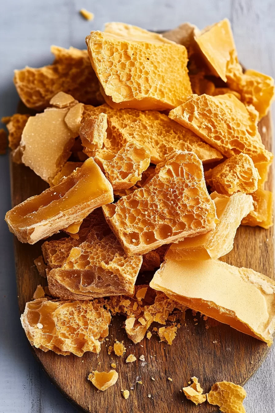 An arrangement of honeycomb candy pieces on a wooden board, displaying their intricate texture and glossy surface.