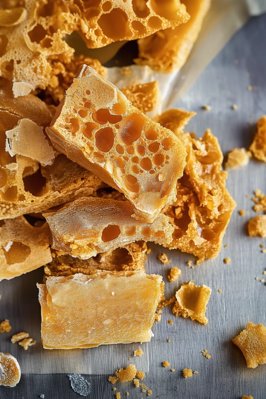 Honeycomb candy piled on parchment paper, highlighting the caramelized golden hues.