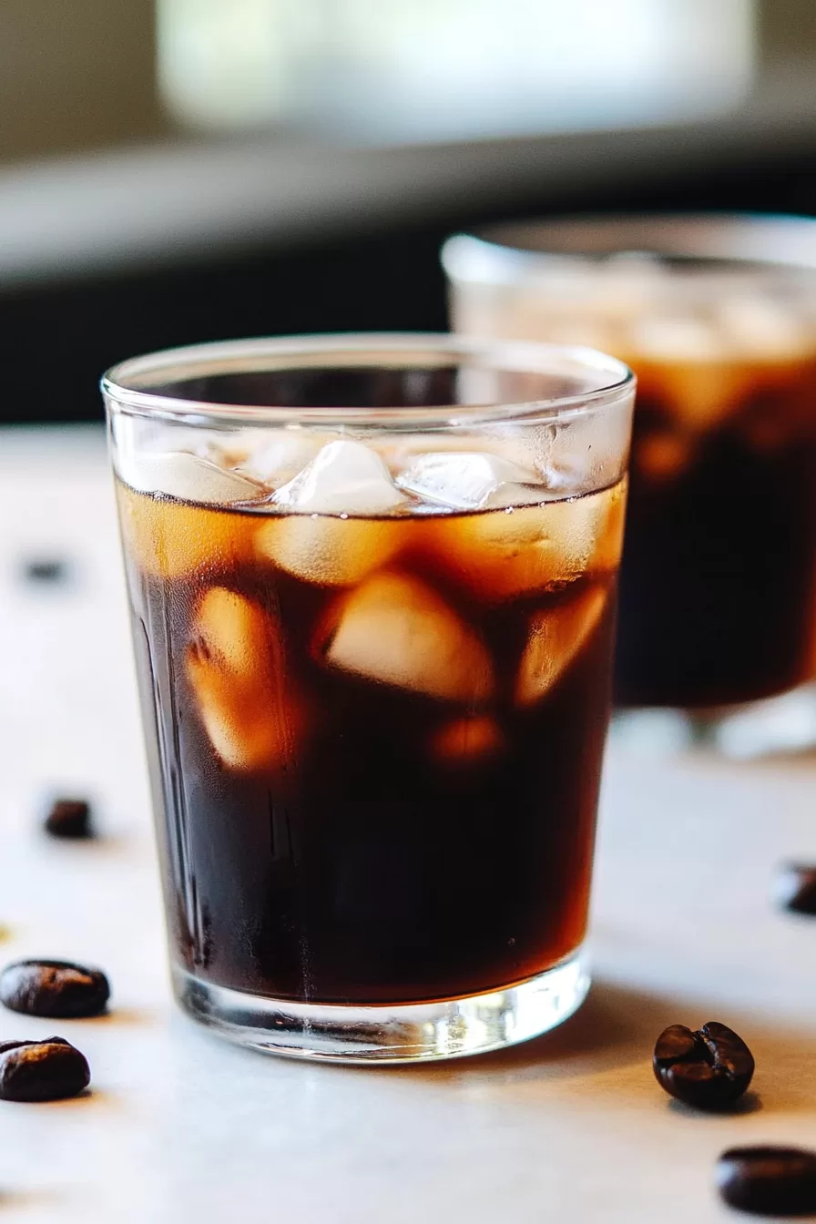 A single glass filled with iced coffee, showcasing the rich color and icy texture.